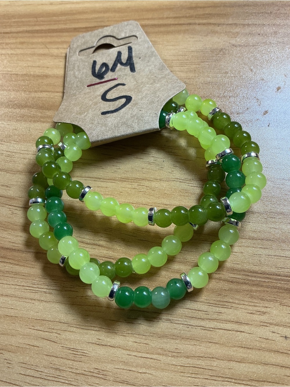 Green Beaded Stretch Bracelet Set with Silver Accents - Womens Jewelry